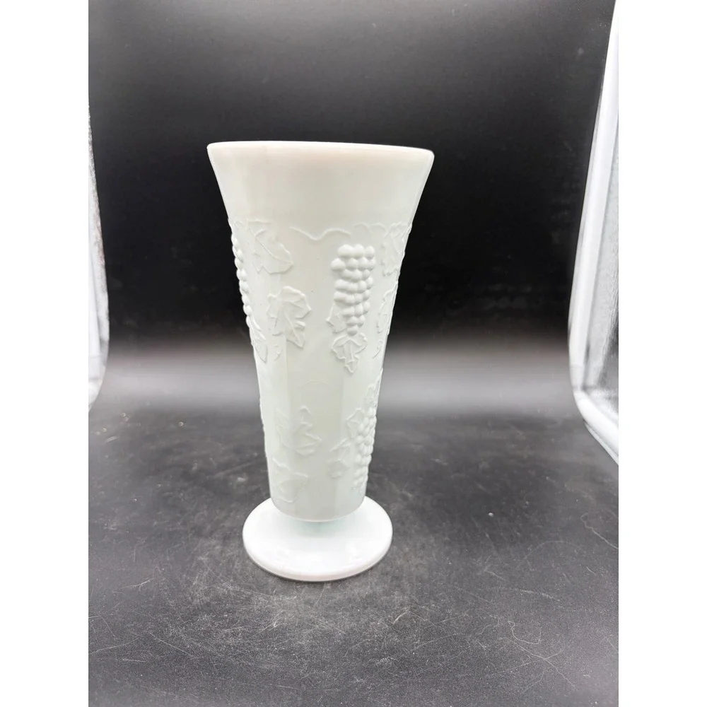 Vintage Milk Glass Vase White Embossed‎ Grape Harvest Pattern Pedestal Base
